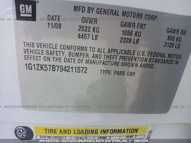 1G1ZK57B794211572 - 2009 CHEVROLET MALIBU LTZ WHITE photo 9