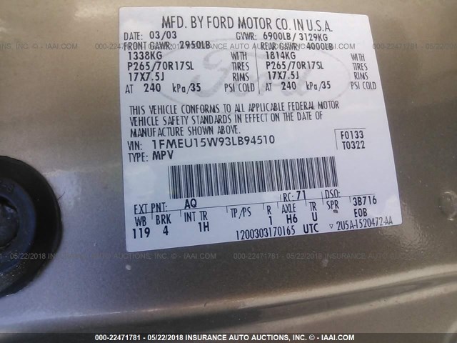 1FMEU15W93LB94510 - 2003 FORD EXPEDITION XLT Champagne photo 9