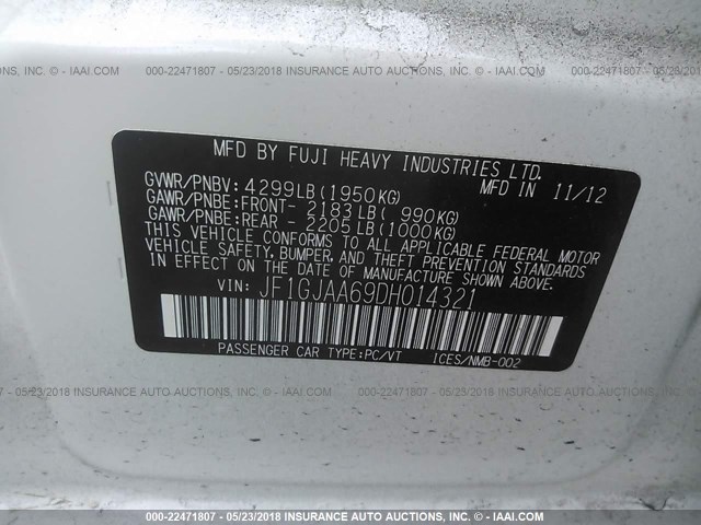 JF1GJAA69DH014321 - 2013 SUBARU IMPREZA WHITE photo 9