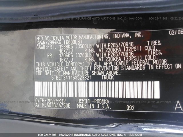 5TBET34116S523821 - 2006 TOYOTA TUNDRA DOUBLE CAB SR5 Qara foto 9