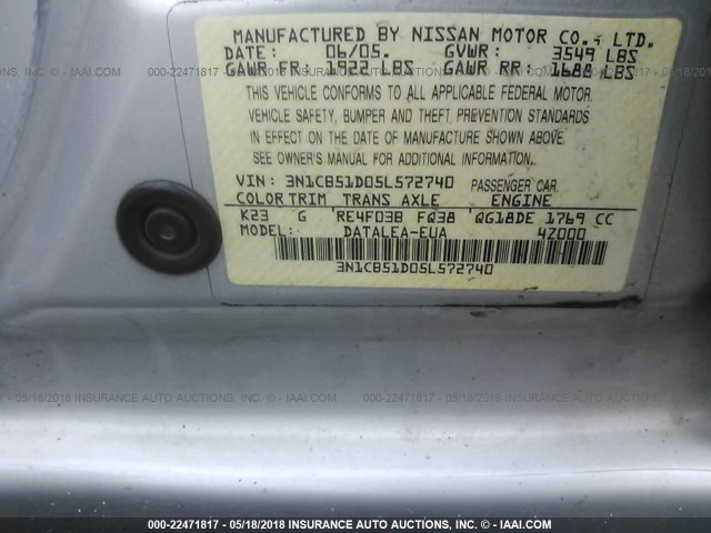 3N1CB51D05L572740 - 2005 NISSAN SENTRA 1.8/1.8S SILVER photo 9