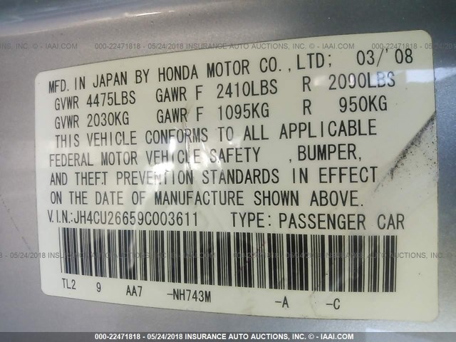 JH4CU26659C003611 - 2009 ACURA TSX GRAY photo 9