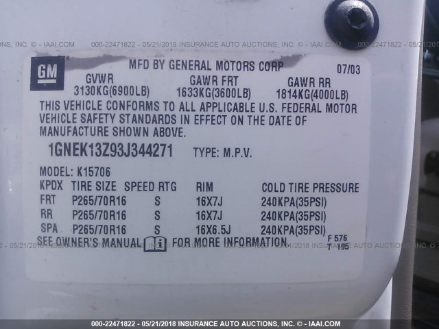 1GNEK13Z93J344271 - 2003 CHEVROLET TAHOE K1500 WHITE photo 9