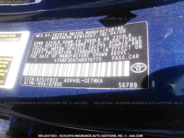 4T4BF3EK7AR018770 - 2010 TOYOTA CAMRY SE/LE/XLE Dark Blue photo 9