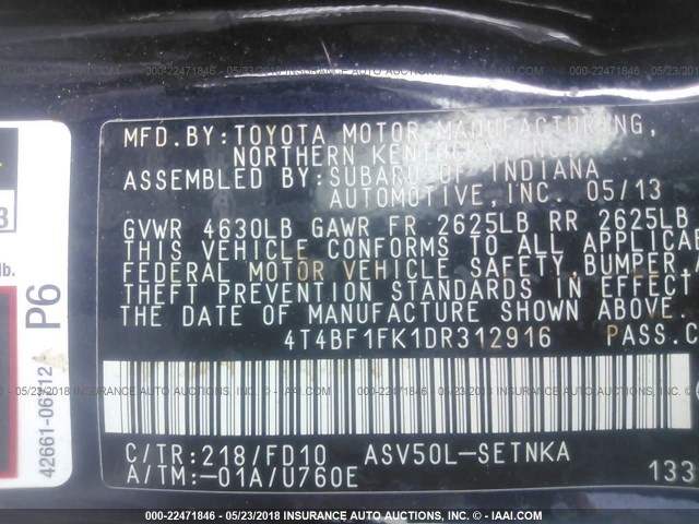 4T4BF1FK1DR312916 - 2013 TOYOTA CAMRY L/SE/LE/XLE შავი ფოტო 9