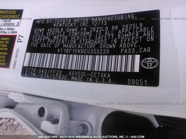 4T1BF1FK6EU350220 - 2014 TOYOTA CAMRY L/SE/LE/XLE 白色 照片 9