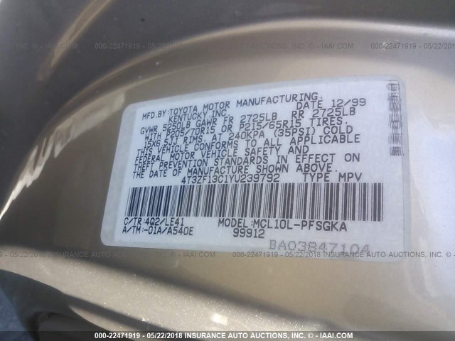 4T3ZF13C1YU239792 - 2000 TOYOTA SIENNA LE/XLE GOLD photo 9