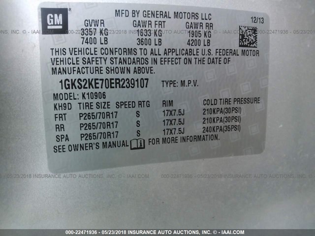 1GKS2KE70ER239107 - 2014 GMC YUKON XL K1500 SLT SILVER photo 9