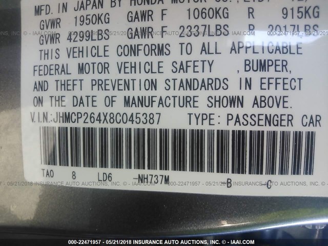 JHMCP264X8C045387 - 2008 HONDA ACCORD LXP GRAY photo 9