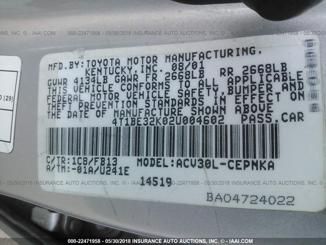 4T1BE32K02U004602 - 2002 TOYOTA CAMRY LE/XLE/SE SILVER photo 9