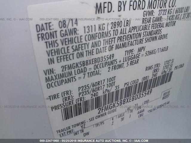 2FMGK5B8XEBD35549 - 2014 FORD FLEX SE WHITE photo 9