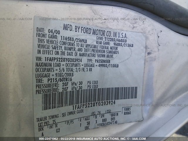 1FAFP5228YG203924 - 2000 FORD TAURUS LX WHITE photo 9