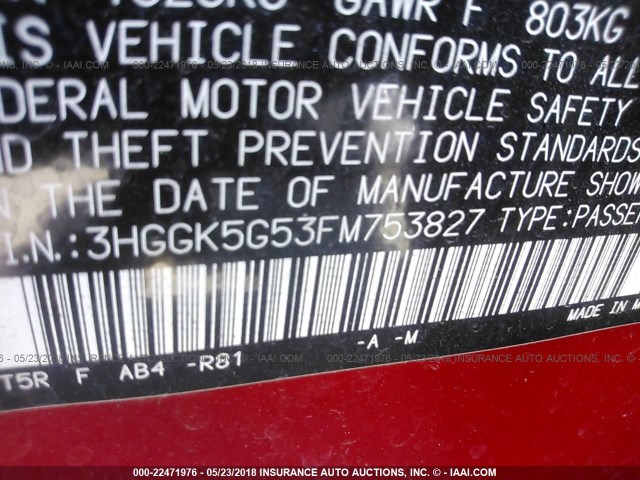 3HGGK5G53FM753827 - 2015 HONDA FIT LX RED photo 9