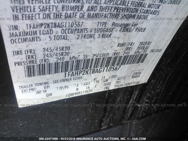 1FAHP2KT8AG110567 - 2010 FORD TAURUS SHO BLACK photo 9