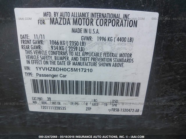 1YVHZ8DH0C5M17210 - 2012 MAZDA 6 I BLUE photo 9