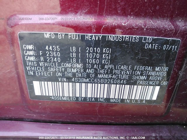 4S3BMCC65B3260846 - 2011 SUBARU LEGACY 2.5I PREMIUM RED photo 9