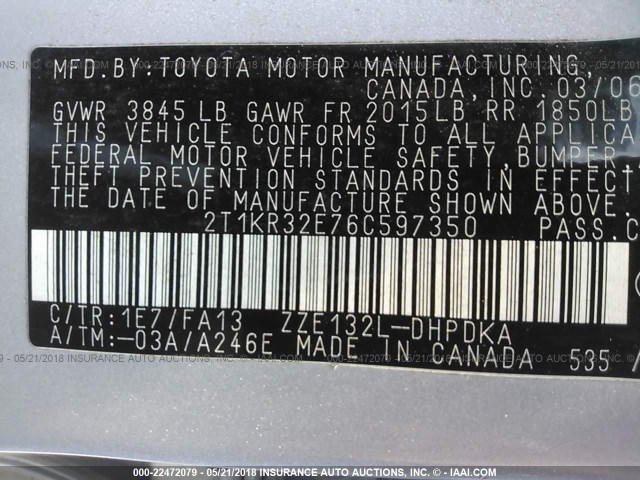 2T1KR32E76C597350 - 2006 TOYOTA COROLLA MATRIX XR SILVER photo 9