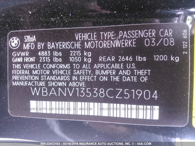 WBANV13538CZ51904 - 2008 BMW 528 XI BLACK photo 9