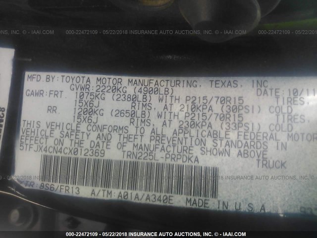 5TFJX4CN4CX012369 - 2012 TOYOTA TACOMA DOUBLE CAB 蓝色 照片 9