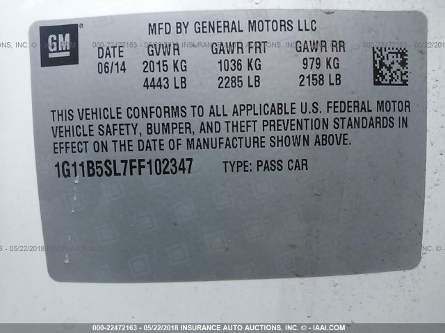 1G11B5SL7FF102347 - 2015 CHEVROLET MALIBU LS WHITE photo 9