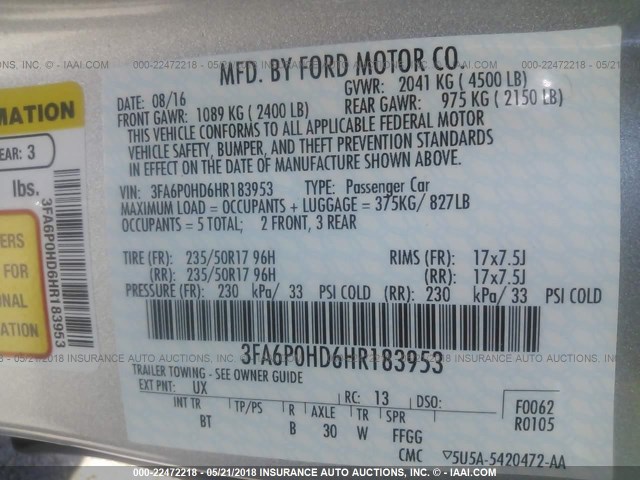 3FA6P0HD6HR183953 - 2017 FORD FUSION SE SILVER photo 9