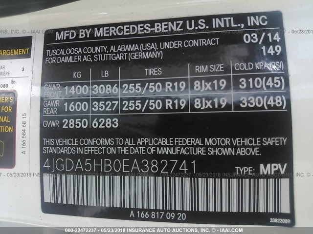 4JGDA5HB0EA382741 - 2014 MERCEDES-BENZ ML 350 4MATIC WHITE photo 9