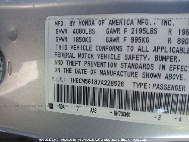 1HGCM56187A228526 - 2007 HONDA ACCORD VALUE SILVER photo 9