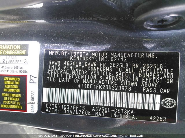 4T1BF1FK2DU223978 - 2013 TOYOTA CAMRY L/SE/LE/XLE 灰色 照片 9