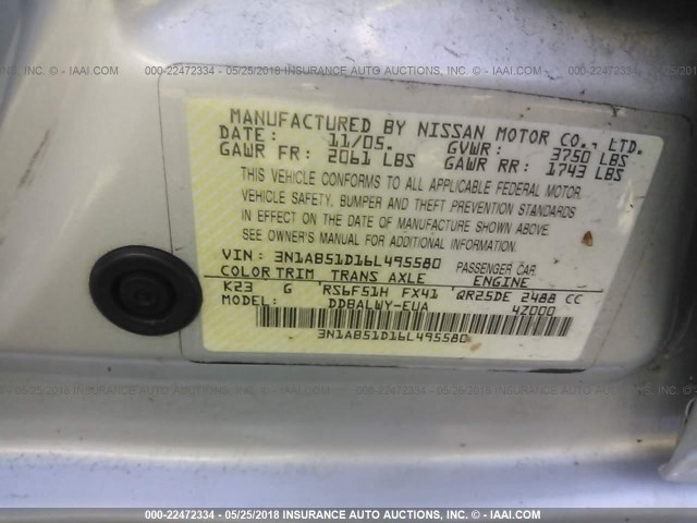 3N1AB51D16L495580 - 2006 NISSAN SENTRA SE-R SPEC V SILVER photo 9