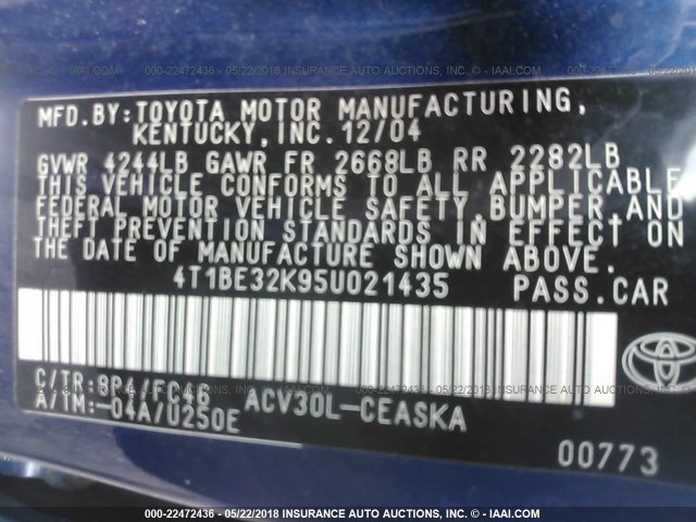 4T1BE32K95U021435 - 2005 TOYOTA CAMRY LE/XLE/SE Mavi foto 9