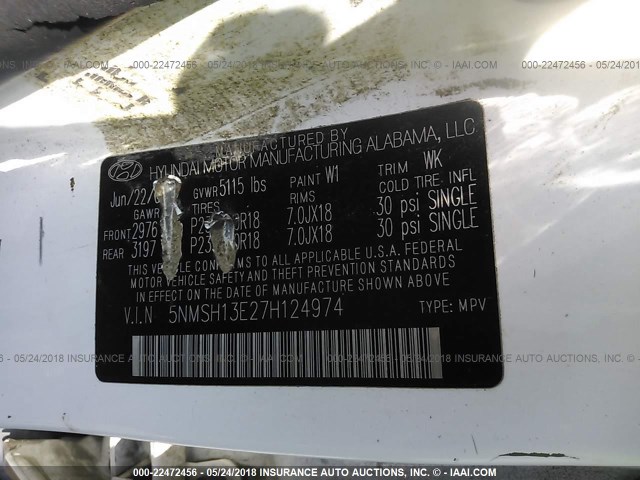 5NMSH13E27H124974 - 2007 HYUNDAI SANTA FE SE/LIMITED WHITE photo 9