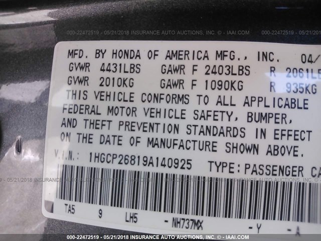 1HGCP26819A140925 - 2009 HONDA ACCORD EXL GRAY photo 9