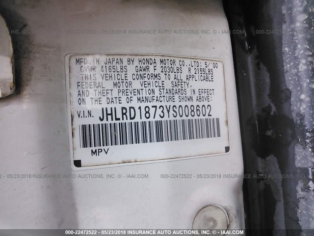 JHLRD1873YS008602 - 2000 HONDA CR-V SE/EX WHITE photo 9