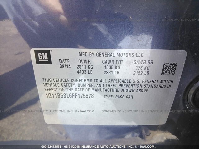 1G11B5SL6FF175578 - 2015 CHEVROLET MALIBU LS Boz foto 9