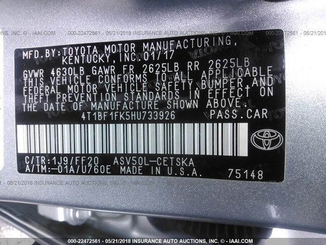 4T1BF1FK5HU733926 - 2017 TOYOTA CAMRY LE/XLE/SE/XSE SILVER photo 9