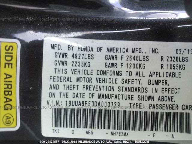 19UUA9F50DA003729 - 2013 ACURA TL TECH GRAY photo 9