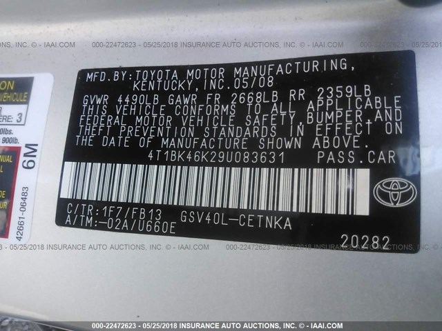 4T1BK46K29U083631 - 2009 TOYOTA CAMRY SE/LE/XLE SILVER photo 9