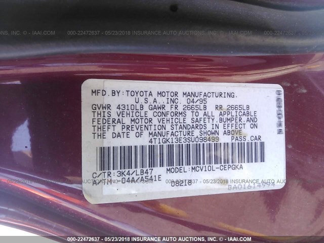 4T1GK13E3SU098499 - 1995 TOYOTA CAMRY XLE RED photo 9