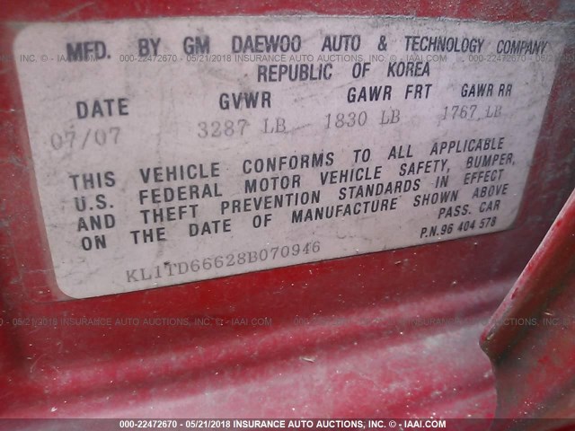 KL1TD66628B070946 - 2008 CHEVROLET AVEO LS 红色 照片 9