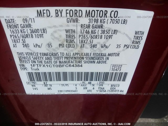 1FTFX1CT0BFC64384 - 2011 FORD F150 SUPER CAB RED photo 9