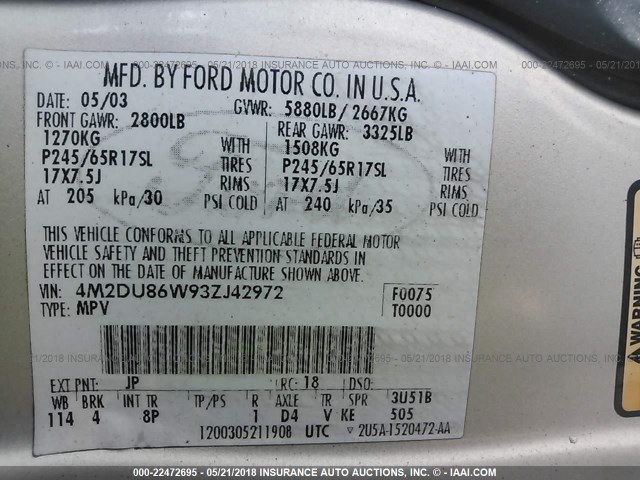 4M2DU86W93ZJ42972 - 2003 MERCURY MOUNTAINEER  SILVER photo 9