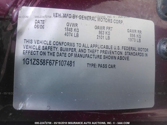 1G1ZS58F67F107481 - 2007 CHEVROLET MALIBU LS მუქწითელი ფოტო 9