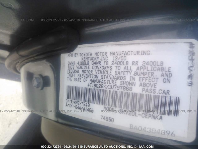 4T1BG28KX1U797868 - 2001 TOYOTA CAMRY CE/LE/XLE BLUE photo 9