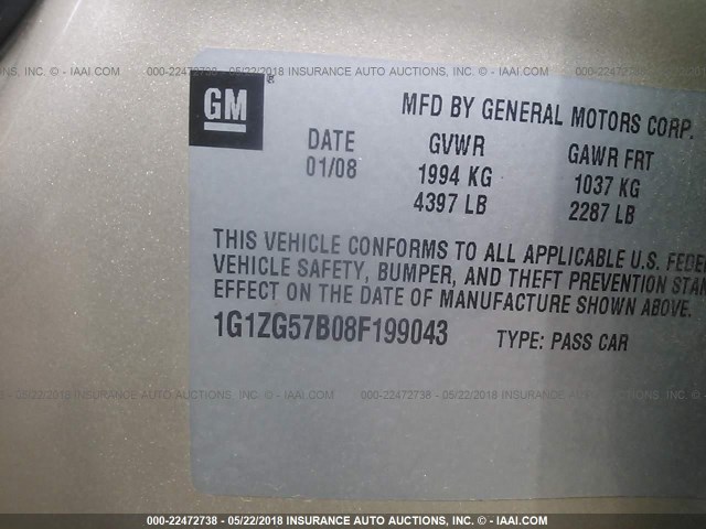 1G1ZG57B08F199043 - 2008 CHEVROLET MALIBU LS Champagne photo 9