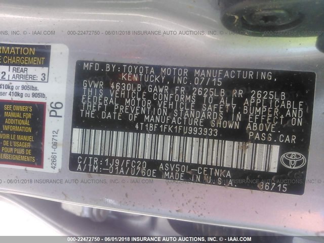 4T1BF1FK1FU993933 - 2015 TOYOTA CAMRY LE/XLE/SE/XSE SILVER photo 9