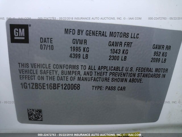 1G1ZB5E16BF120068 - 2011 CHEVROLET MALIBU LS WHITE photo 9