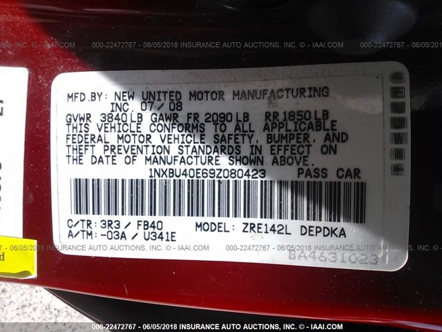 1NXBU40E69Z080423 - 2009 TOYOTA COROLLA S/LE/XLE RED photo 9