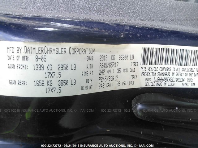 1J8HH48KX6C106934 - 2006 JEEP COMMANDER BLUE photo 9