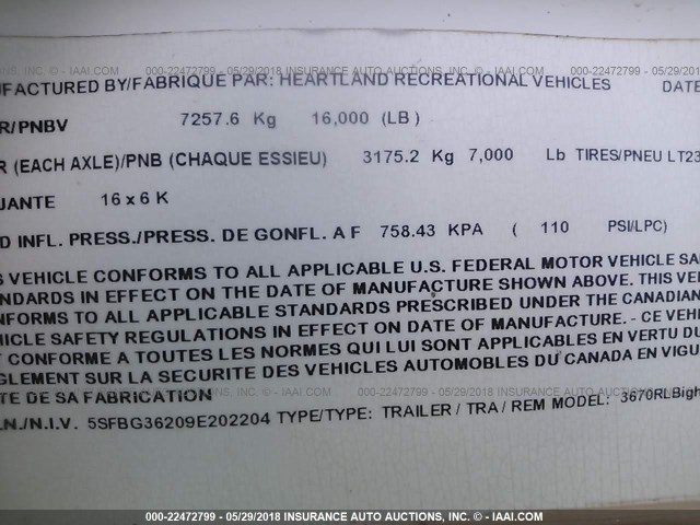 5SFBG36209E202204 - 2009 HEARTLAND BIGHORN  Unbekannt Foto 9