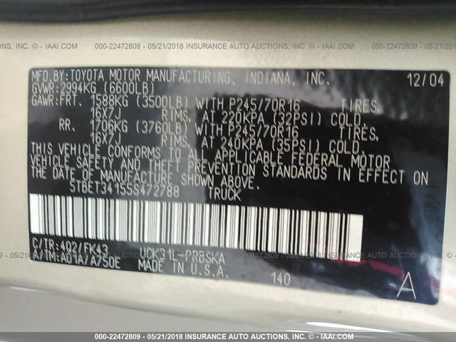 5TBET34155S472788 - 2005 TOYOTA TUNDRA DOUBLE CAB SR5 BROWN photo 9